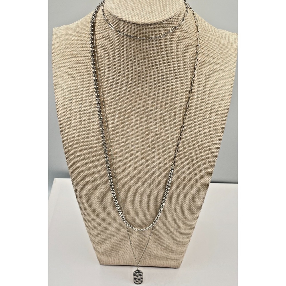 VTG Silver Multi Layer Necklace Link Chain Hammered Pendant Tag Statement Boho